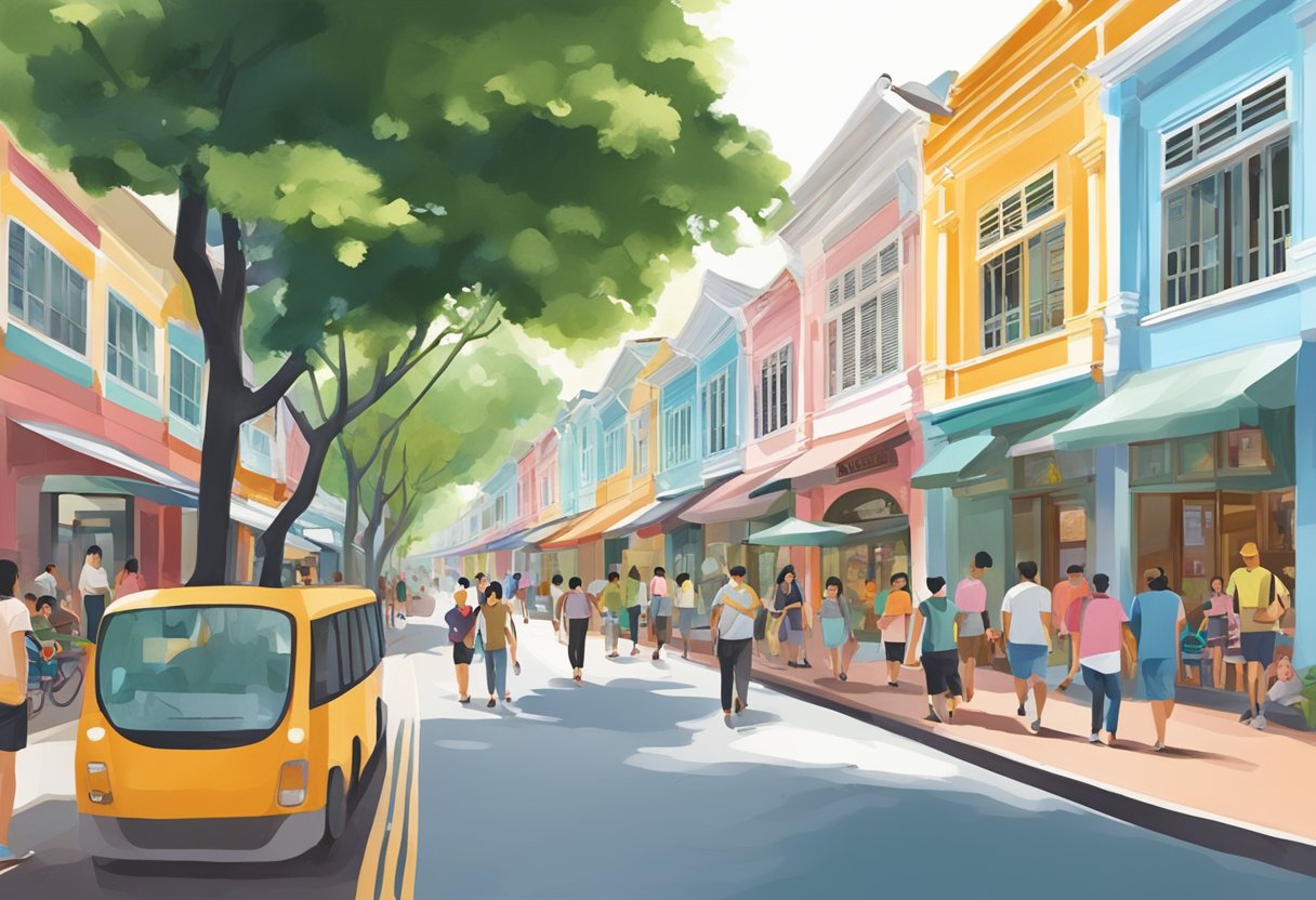 A bustling street in Joo Chiat, Singapore with colorful shopfronts and people walking by