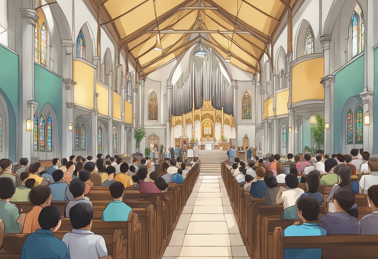 The scene shows a crowded church with a sign displaying "Frequently Asked Questions mass times Singapore." The atmosphere is serene and reverent