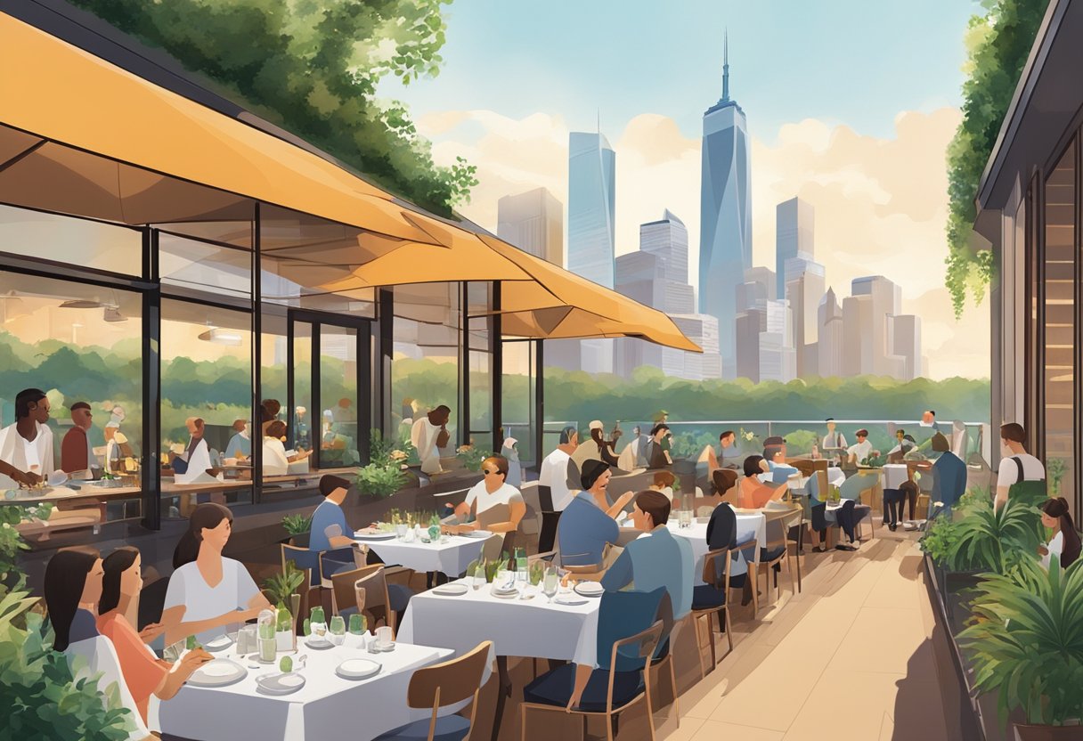 A bustling outdoor dining area with modern decor, vibrant greenery, and a view of the city skyline. Tables are filled with diners enjoying their meals, while servers move gracefully between them