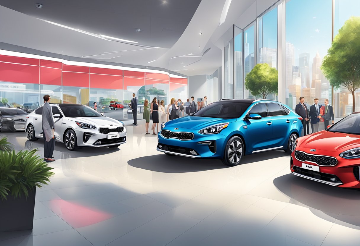 A vibrant city backdrop with Kia's latest models showcased in a sleek showroom, surrounded by enthusiastic customers and sales representatives