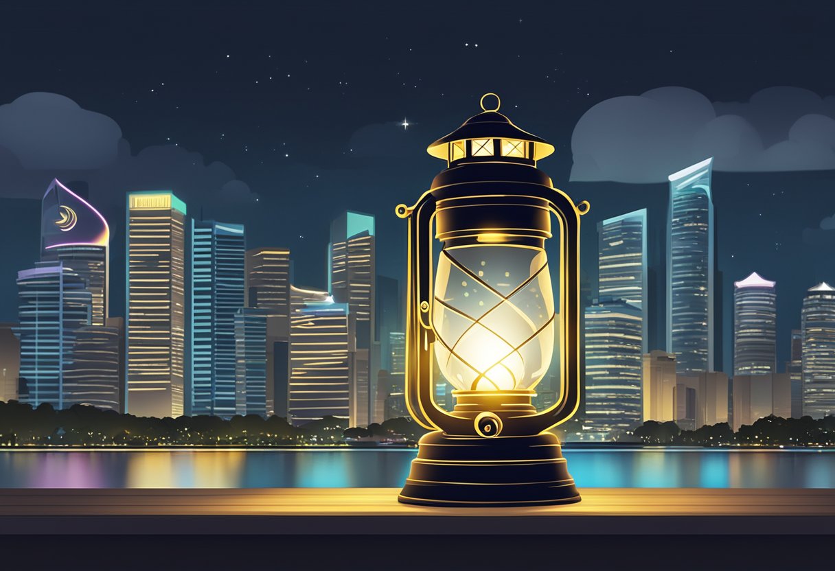 A glowing lantern with "Frequently Asked Questions" written on it, set against the backdrop of the Singapore skyline at night