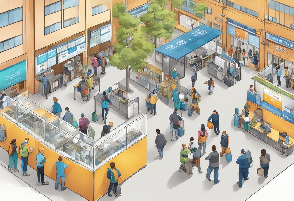 A bustling public space with people seeking information, signage, and a help desk