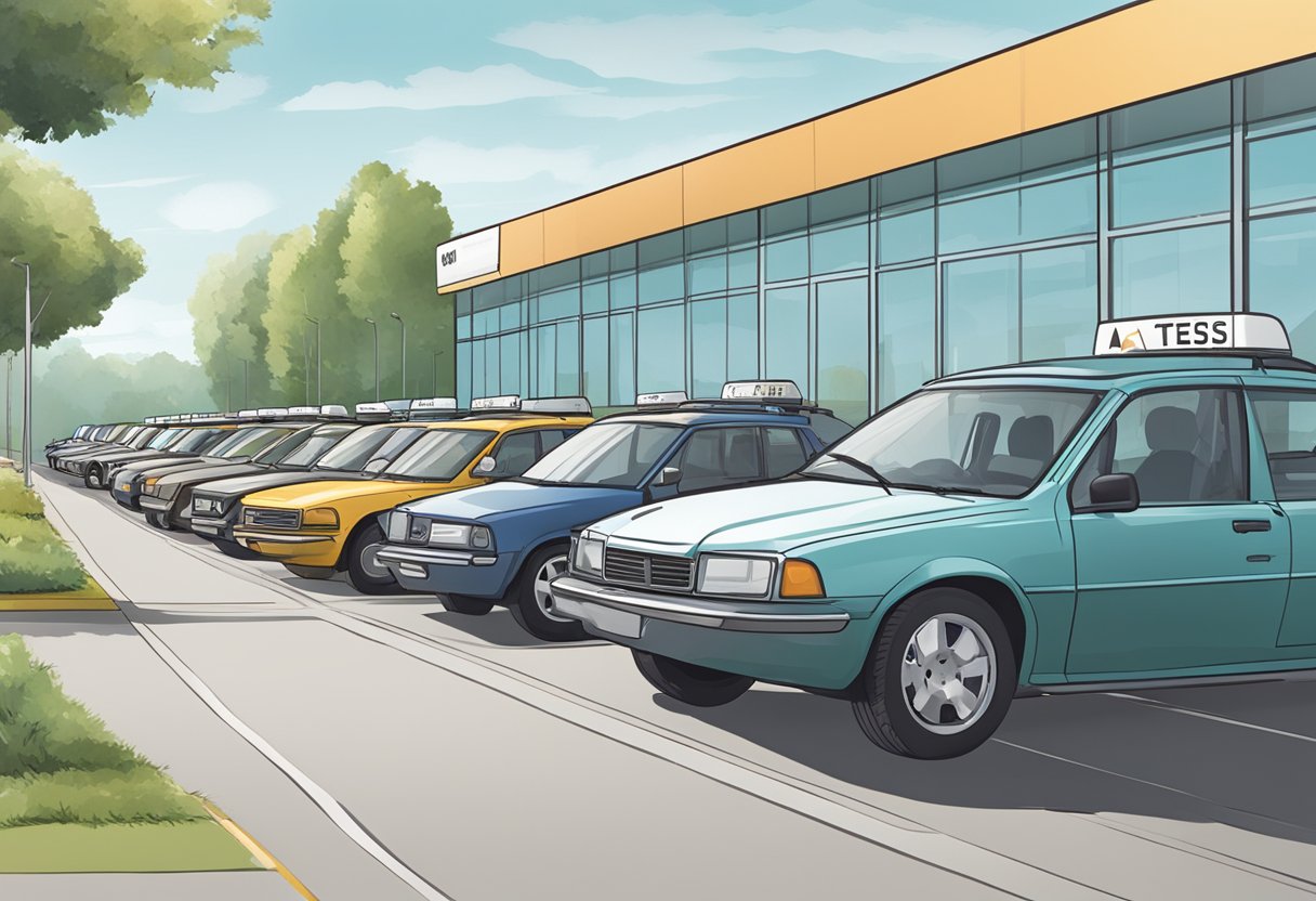 A line of cars waits outside a modern testing center. A sign with "Testing Process and Guidelines" is prominently displayed