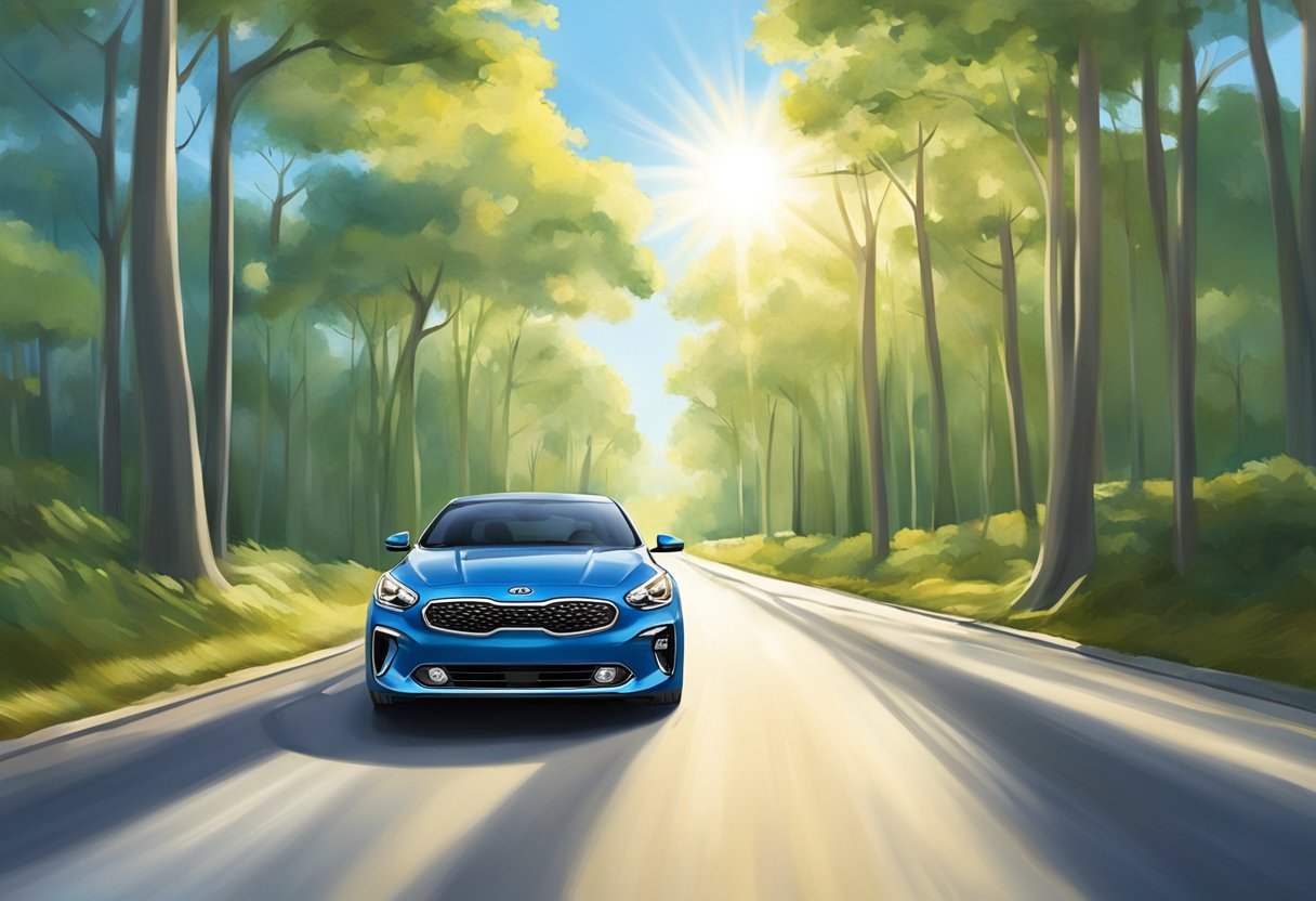 A sleek Kia sedan cruises down a smooth, tree-lined road, with the sun shining and a clear blue sky overhead. The car's occupants enjoy a smooth and comfortable ride, with a sense of safety and security