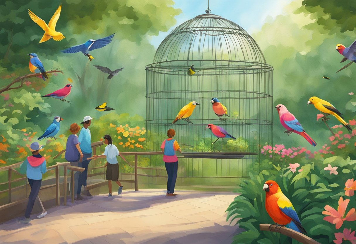 Colorful birds fly and perch in lush greenery, while visitors enjoy feeding and interacting with them. A staff member tends to the aviaries and ensures the park's cleanliness and safety