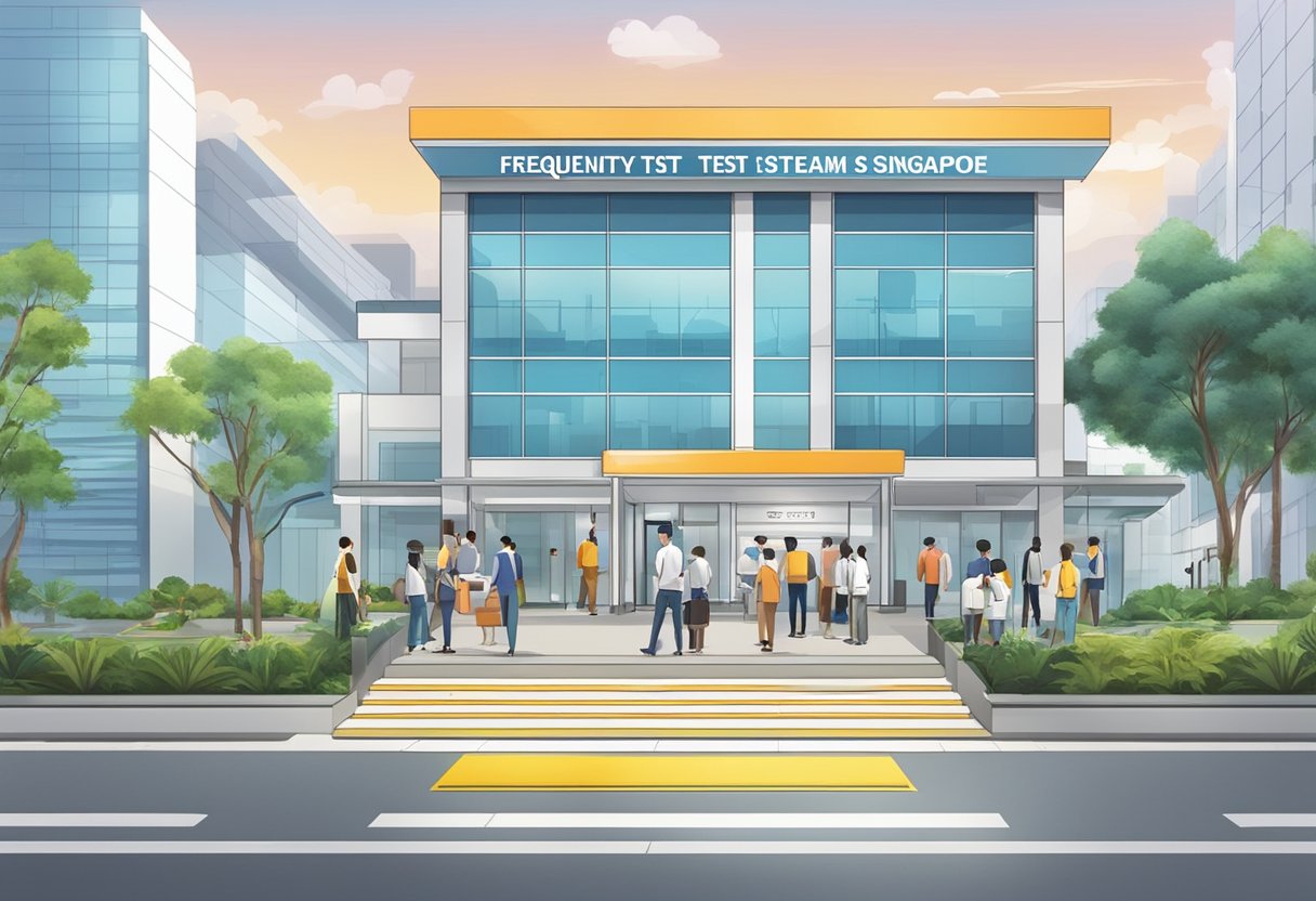 A bright, modern test centre in Singapore with a sign reading "Frequently Asked Questions quick test centre" and a steady stream of people entering and exiting