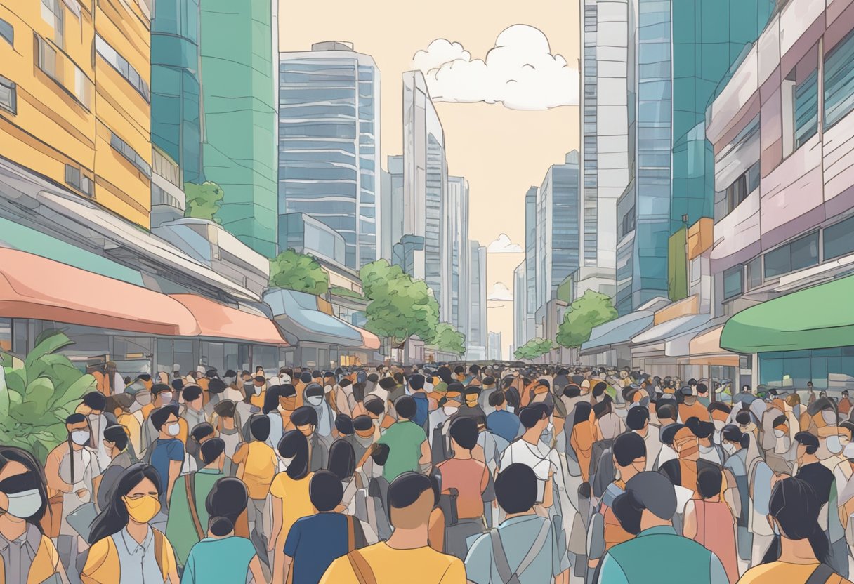 A crowded street in Singapore filled with people wearing face masks. Tall buildings and bustling traffic in the background