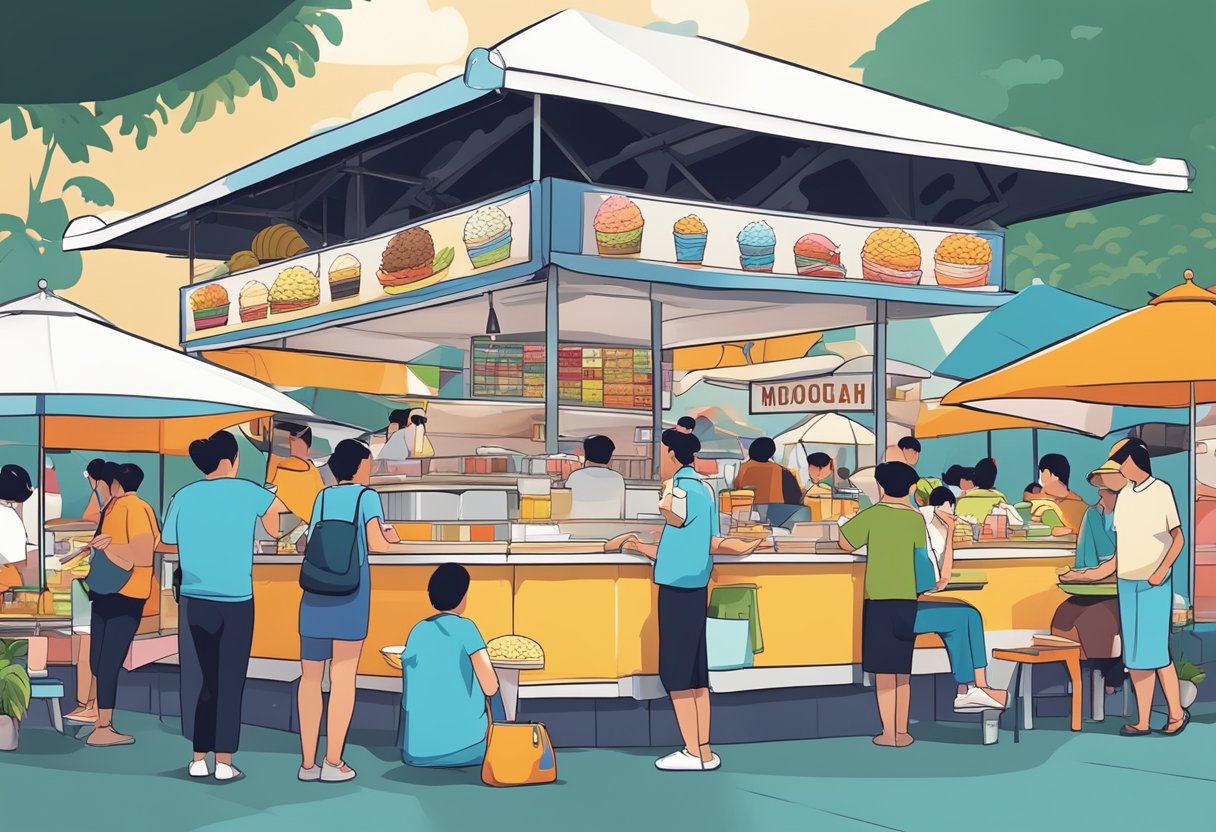 A bustling hawker center in Singapore, with colorful food stalls and crowded tables under vibrant umbrellas. The iconic Moomoo ice cream stand stands out with its cheerful cow mascot