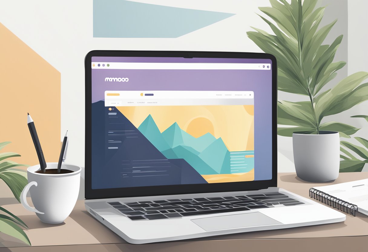 A laptop displaying the Moomoo Singapore website, with a cup of coffee and a notebook nearby, set against a backdrop of a modern, minimalist workspace