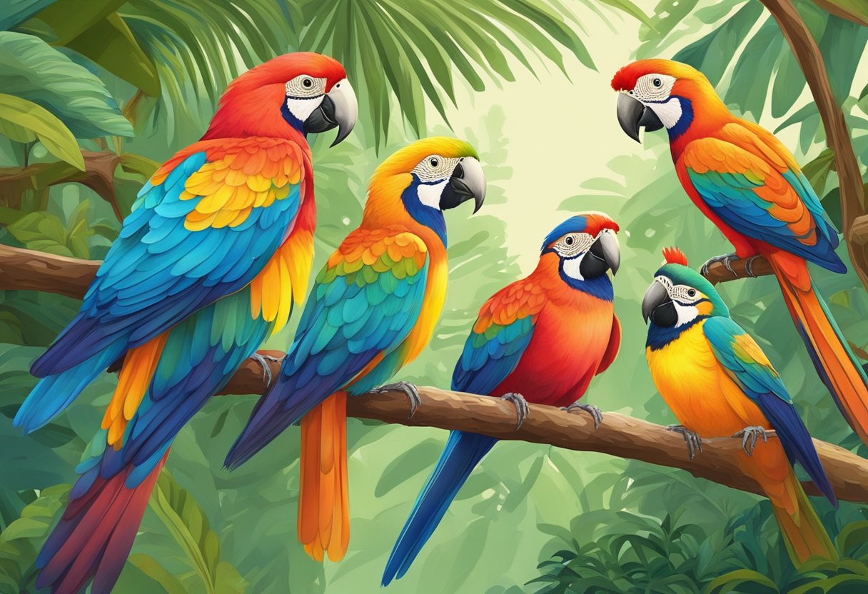 Colorful birds perched on tree branches in a lush, tropical setting with visitors admiring the vibrant plumage