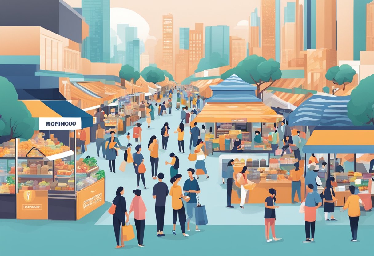A bustling marketplace with various vendors showcasing their products and services, with a diverse crowd of people browsing and engaging with the different platform features and resources offered by moomoo Singapore