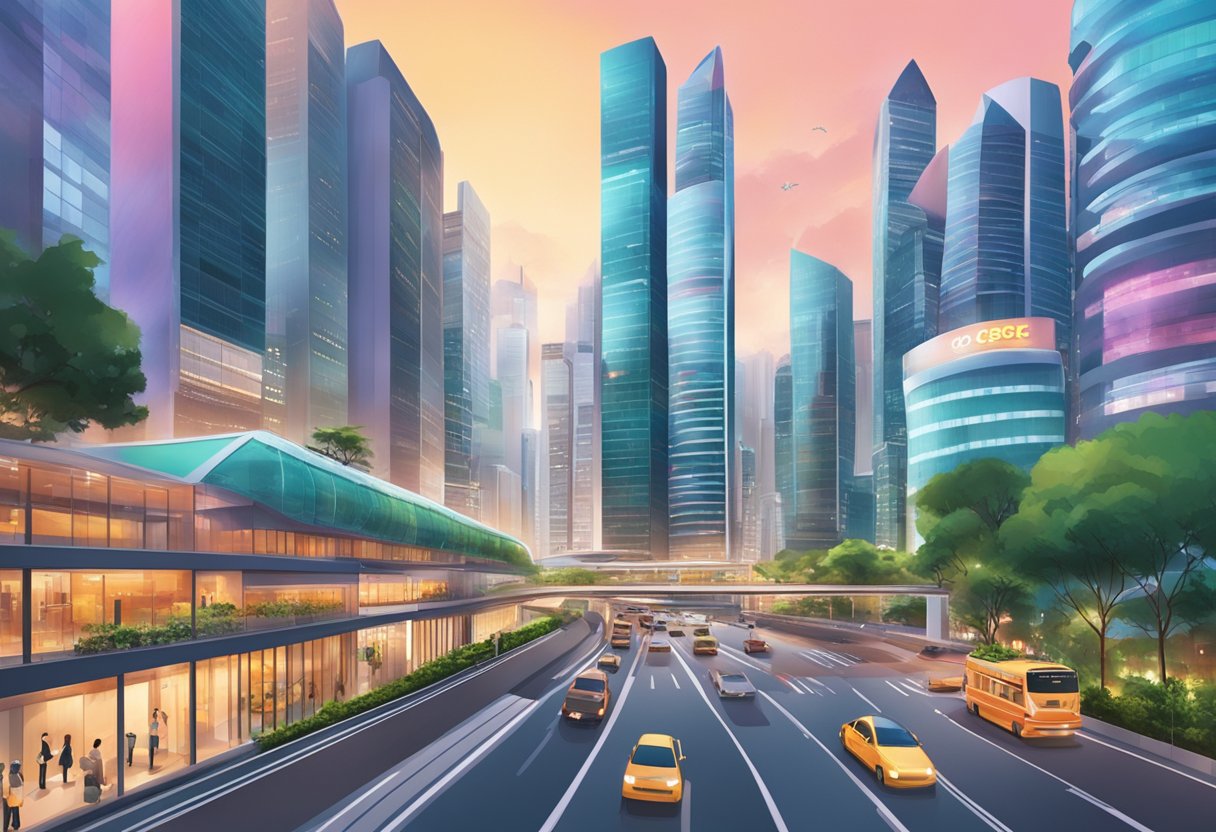 A bustling cityscape with iconic OCBC Velocity building in Singapore. Skyscrapers, traffic, and a vibrant urban atmosphere