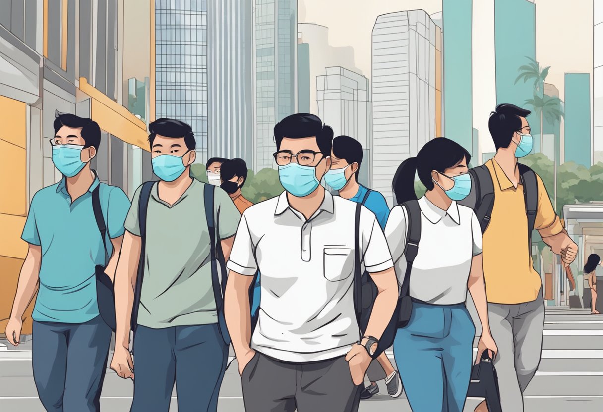 People in Singapore wearing face masks in public spaces. Proper fit and coverage, with no gaps. Masks are worn consistently and correctly