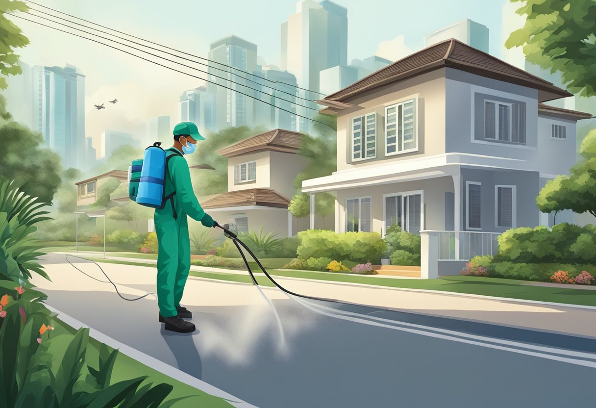 A pest control technician spraying pesticide in a residential area in Singapore