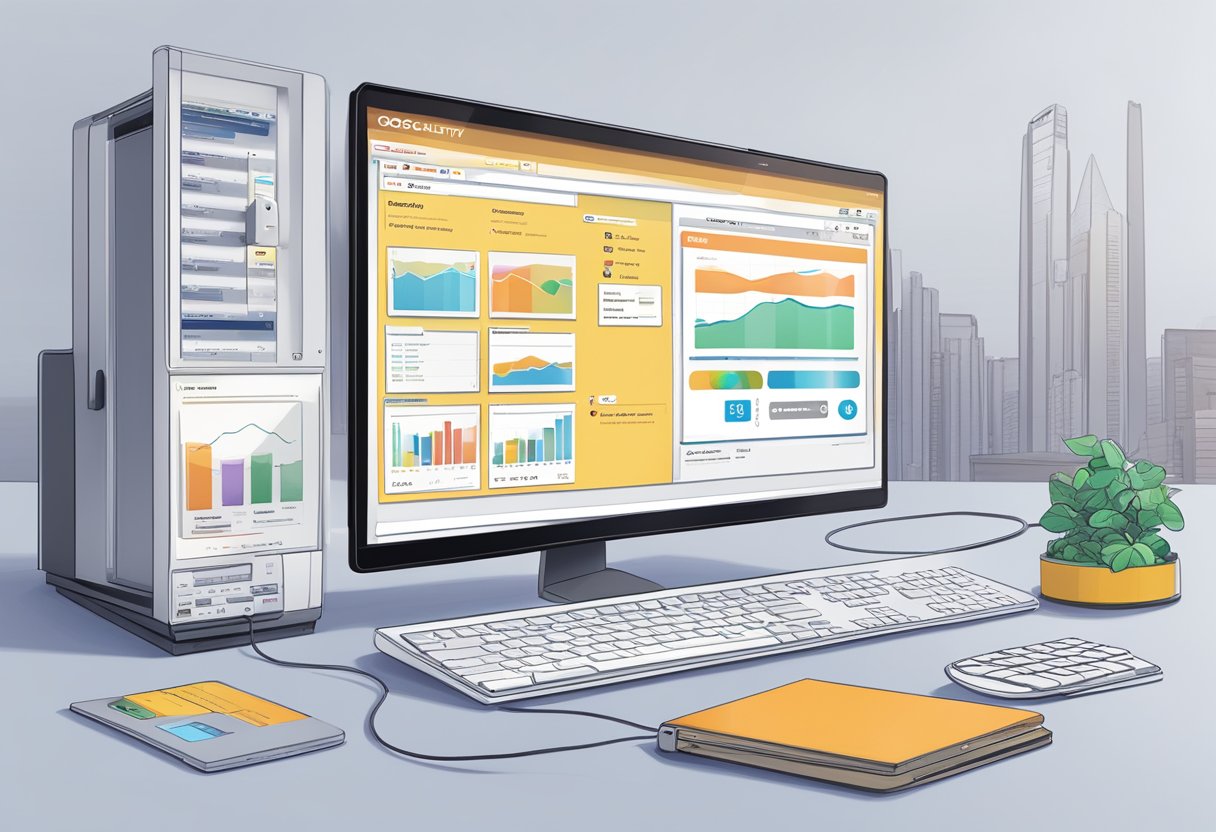 A computer screen displaying the OCBC Velocity platform, with a keyboard and mouse nearby. The interface shows various financial tools and options