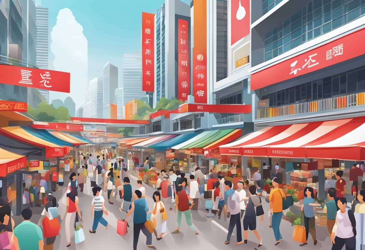 A bustling marketplace with vibrant red signage and busy shoppers in Singapore