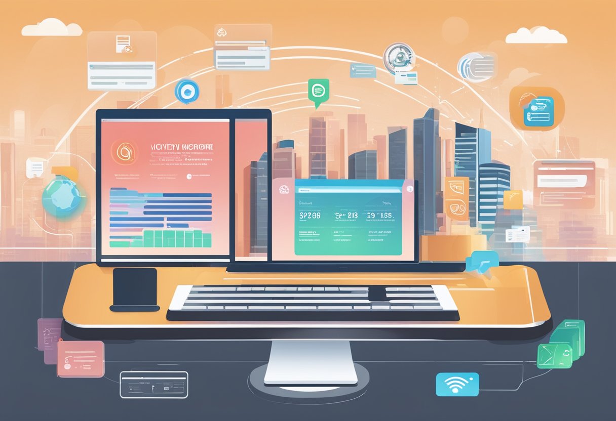 A computer screen displays the OCBC Velocity Singapore platform, with transaction and notification icons highlighted. The interface is modern and user-friendly, with clear and concise information