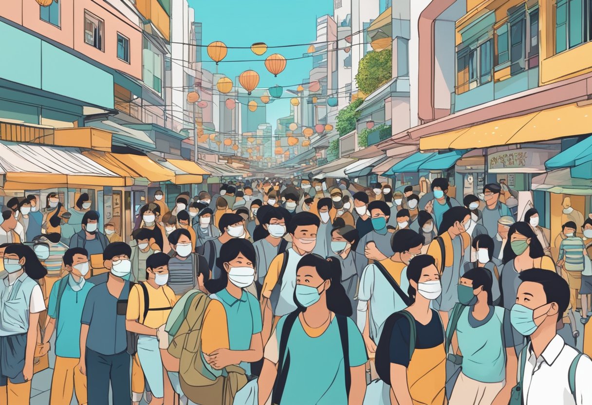 A crowded street in Singapore with people wearing face masks, a sign reading "Frequently Asked Questions" in bold letters