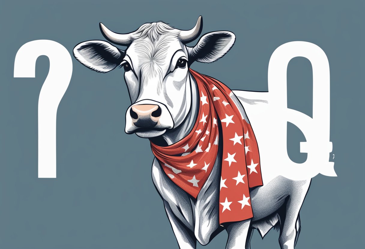 A cow wearing a Singaporean flag-patterned scarf, surrounded by question marks and a FAQ sign
