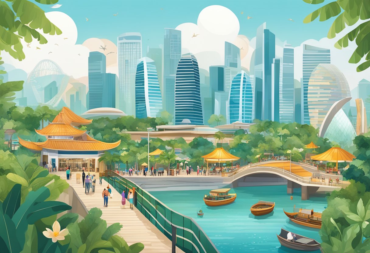 A bustling cityscape with iconic landmarks like the Marina Bay Sands, Gardens by the Bay, and vibrant street markets. The scene is filled with diverse architecture, lush greenery, and a mix of traditional and modern elements