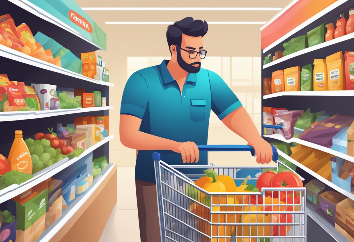 A person navigating through RedMart's online grocery store, browsing products and adding items to their virtual cart