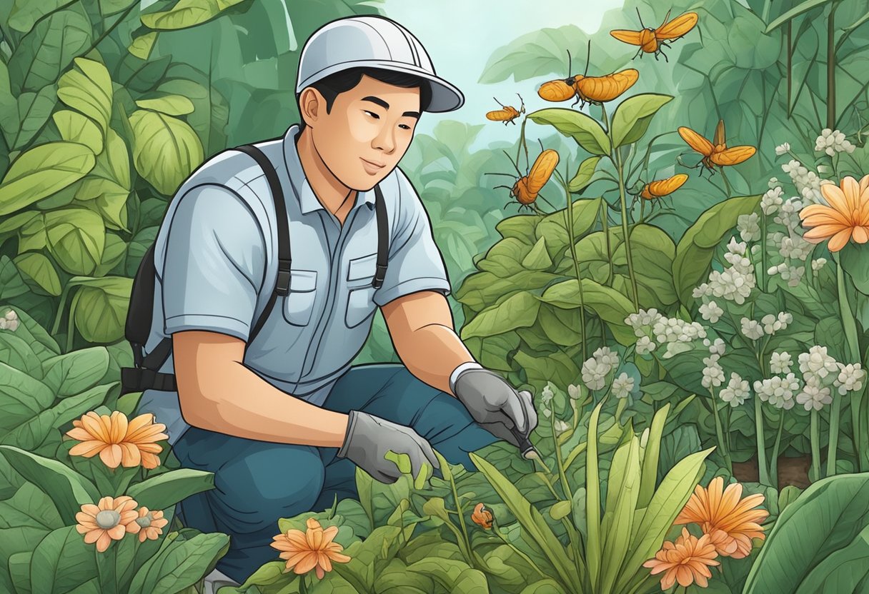 A Singaporean pest control technician inspecting a garden for common pests like ants, cockroaches, and mosquitoes