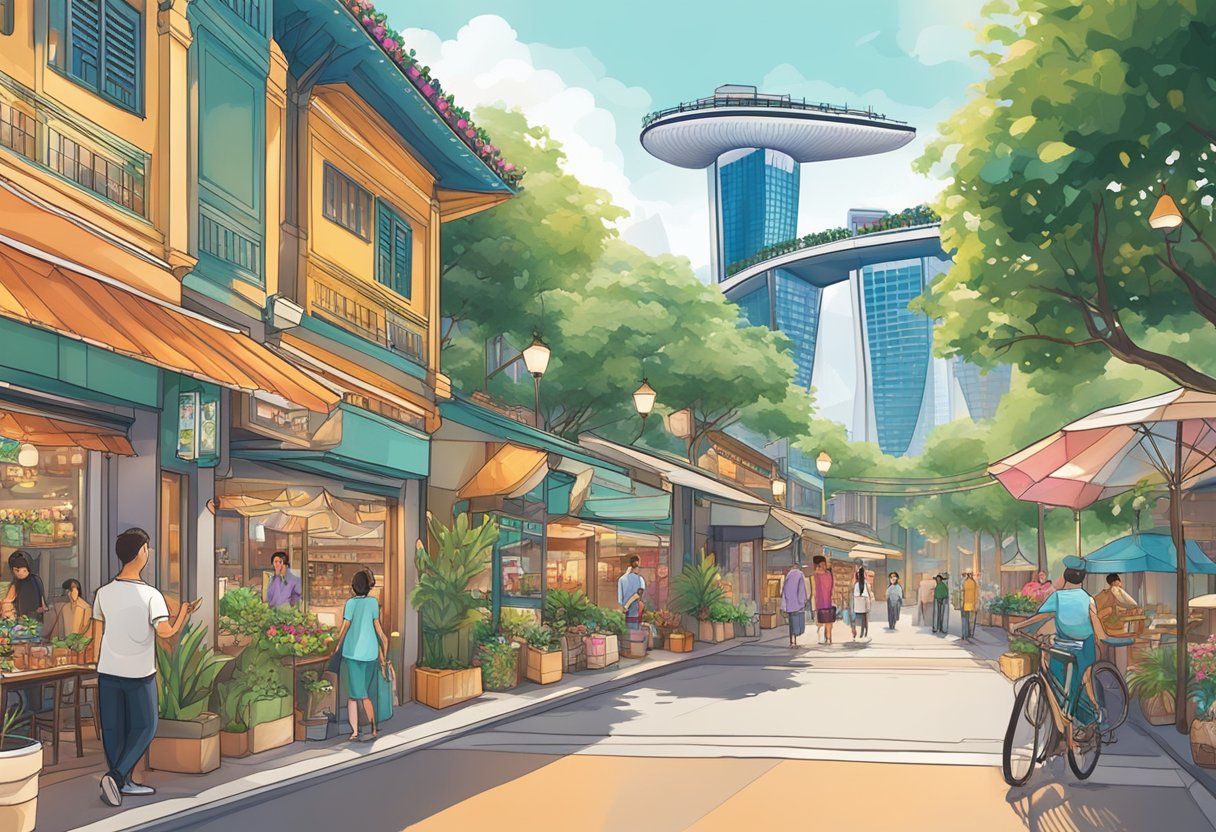 A vibrant cityscape with iconic landmarks like the Marina Bay Sands, Gardens by the Bay, and the Singapore Flyer. The bustling streets are lined with colorful shops and restaurants, while traditional shophouses add a touch of heritage to the scene