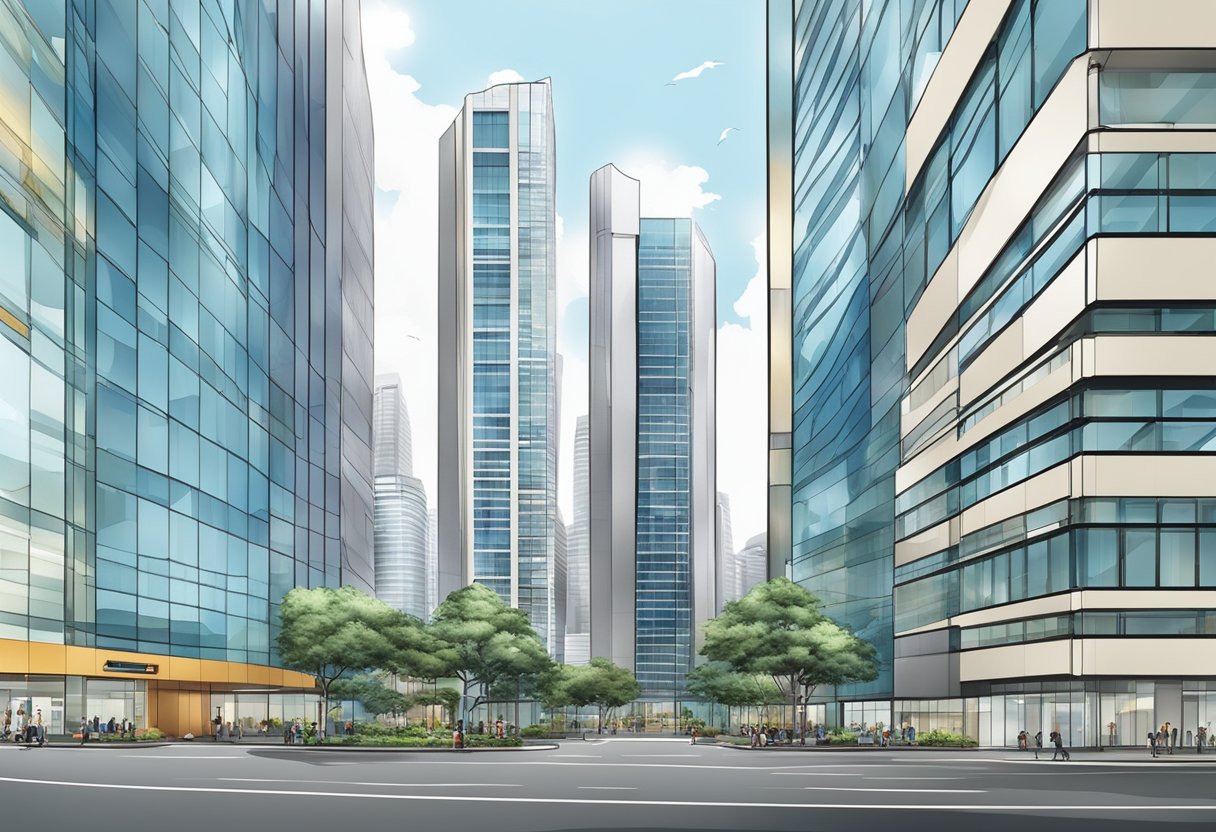 A modern office building in Singapore, with sleek glass facades and bustling with activity, surrounded by other corporate buildings