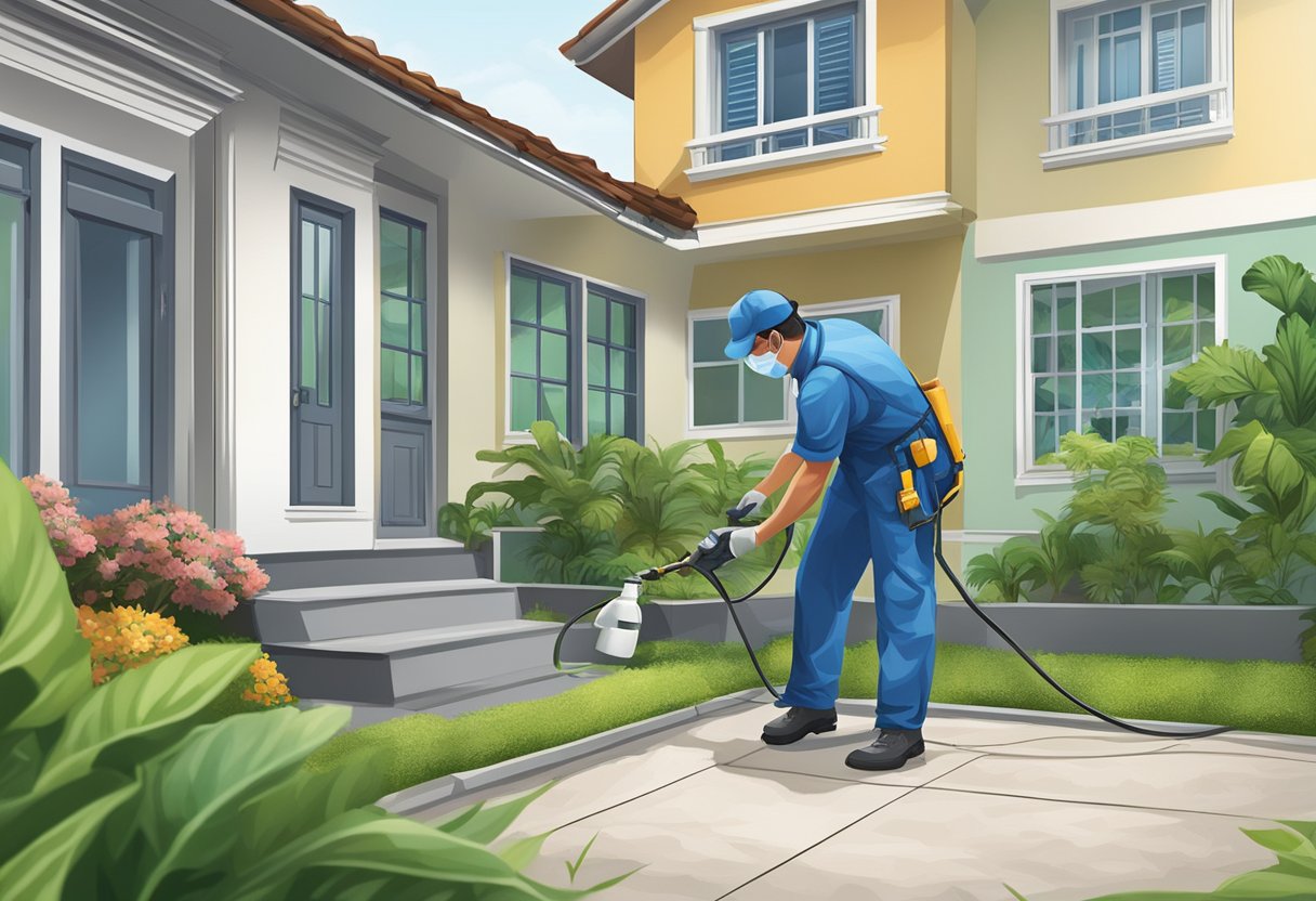 A professional pest control technician spraying a residential area for pest control in Singapore