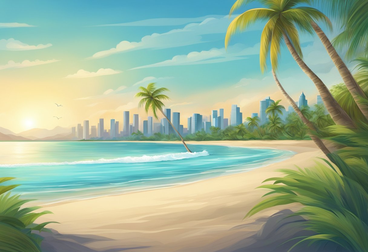 Palm trees sway on a pristine beach, as crystal clear waters lap at the shore. A distant city skyline peeks through the tropical foliage