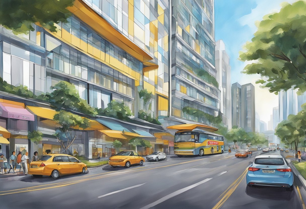 The Champion Hotel in Singapore stands tall with its modern architecture and vibrant exterior. The surrounding area is bustling with activity, with cars and people moving about, creating a lively atmosphere