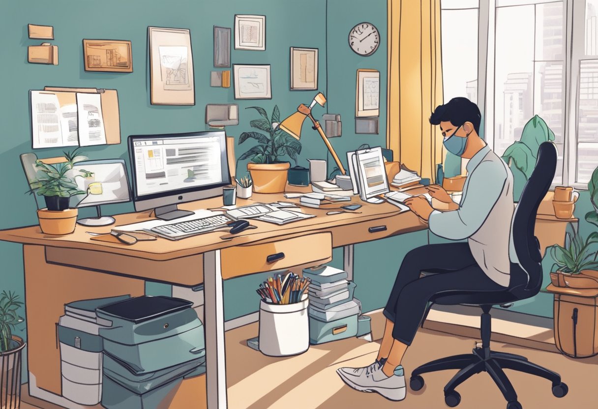 A person cleaning and organizing a cluttered desk in a cozy home office setting in Singapore