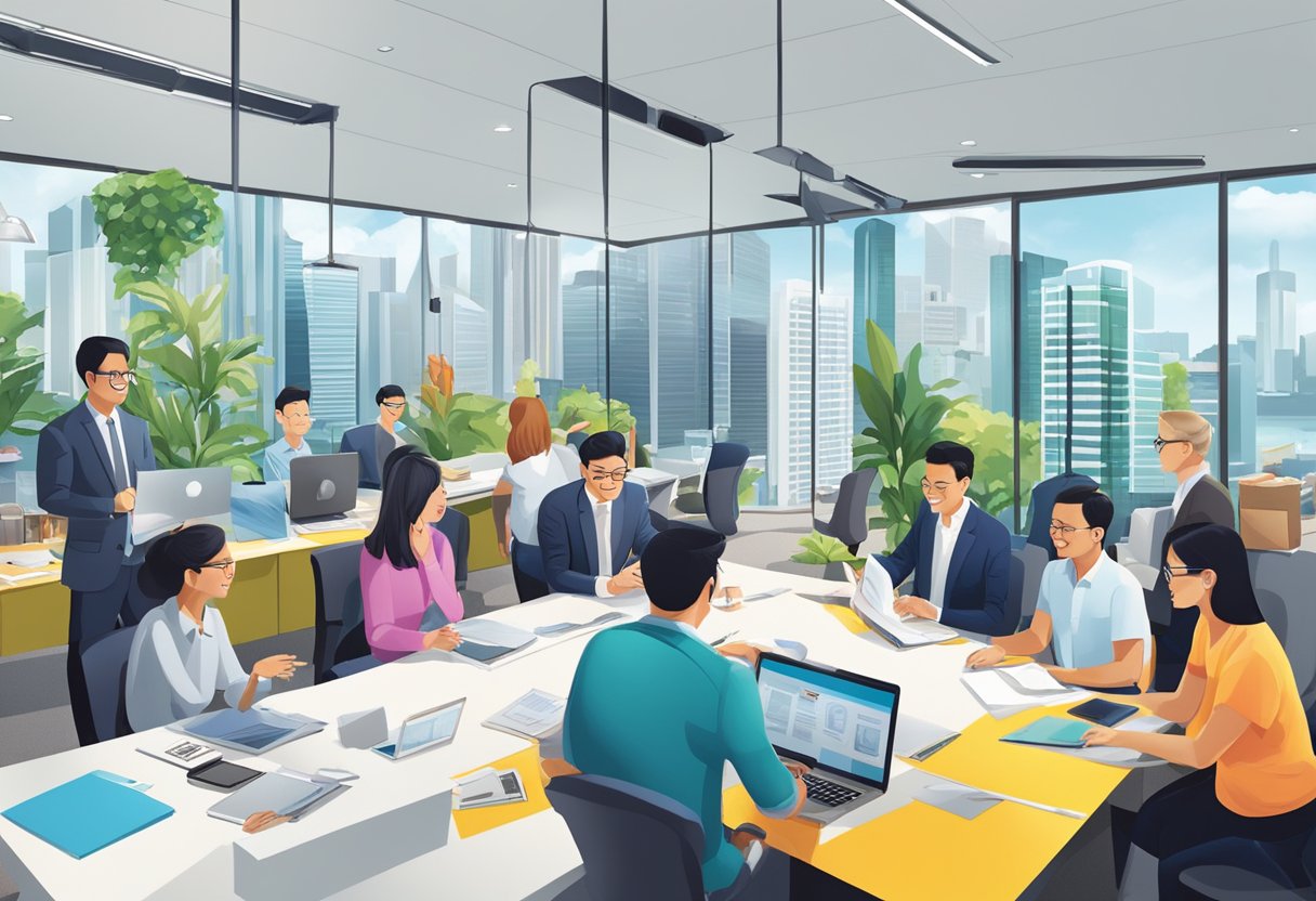 The Singapore Tourism Board and industry partners collaborate in a vibrant, modern office setting, exchanging ideas and working together to promote tourism