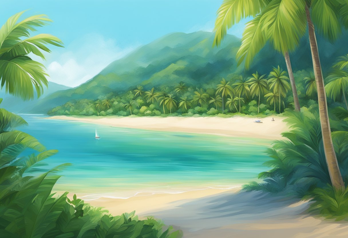 A serene beach with palm trees and clear blue waters, nestled between lush green hills, offering a peaceful escape from the bustling city of Singapore