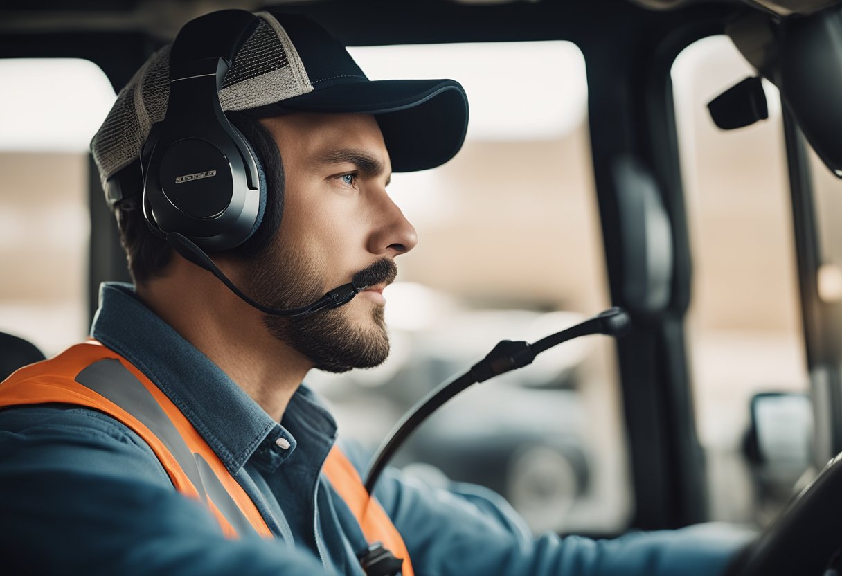 A trucker wearing a headset, with noise-canceling features and a built-in microphone, communicating clearly while driving