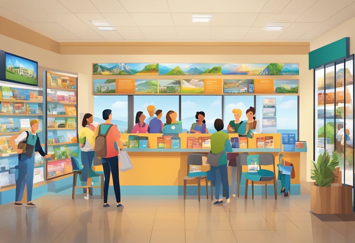 A bustling tourist information center with colorful brochures and friendly staff assisting visitors
