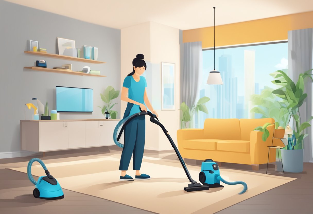 A part-time helper in Singapore cleans a modern living room with a vacuum and mop, organized cleaning supplies nearby