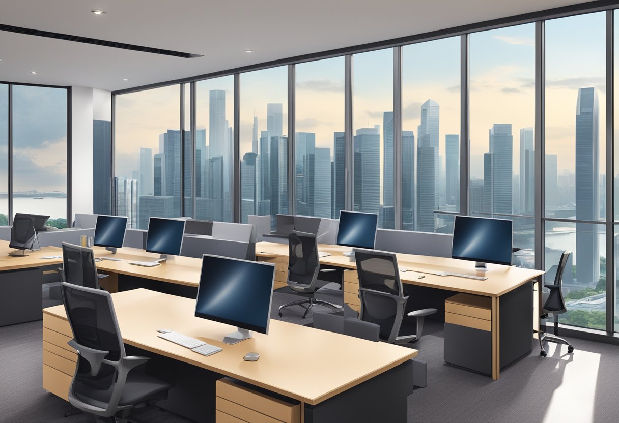 A law firm office in Singapore, with sleek modern furniture, large windows overlooking the city skyline, and a team of professionals working diligently