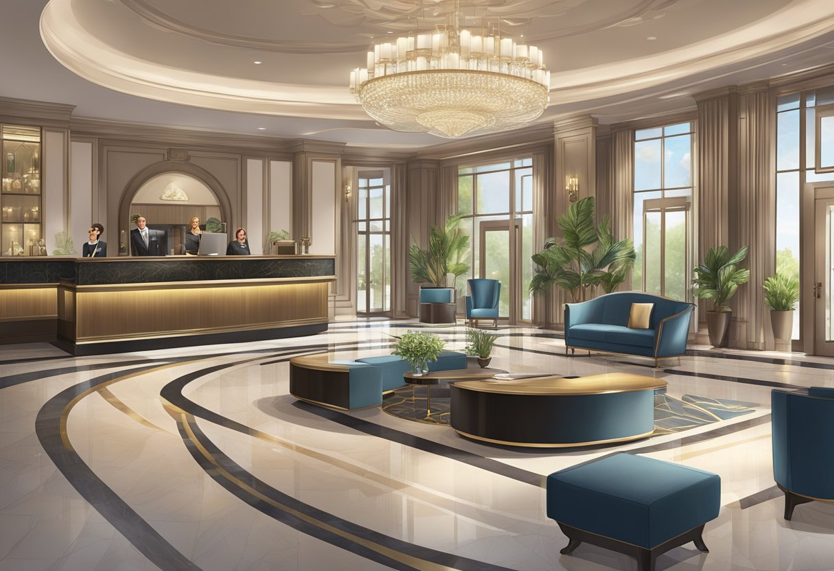 A luxurious hotel lobby with modern decor, a welcoming reception desk, and a concierge assisting guests