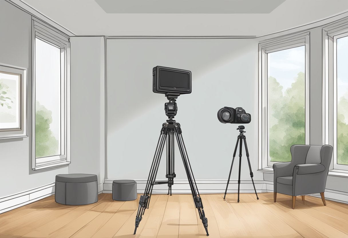 A well-lit room with a plain white background. A camera set up on a tripod facing a chair. A ruler and guidelines for correct sizing