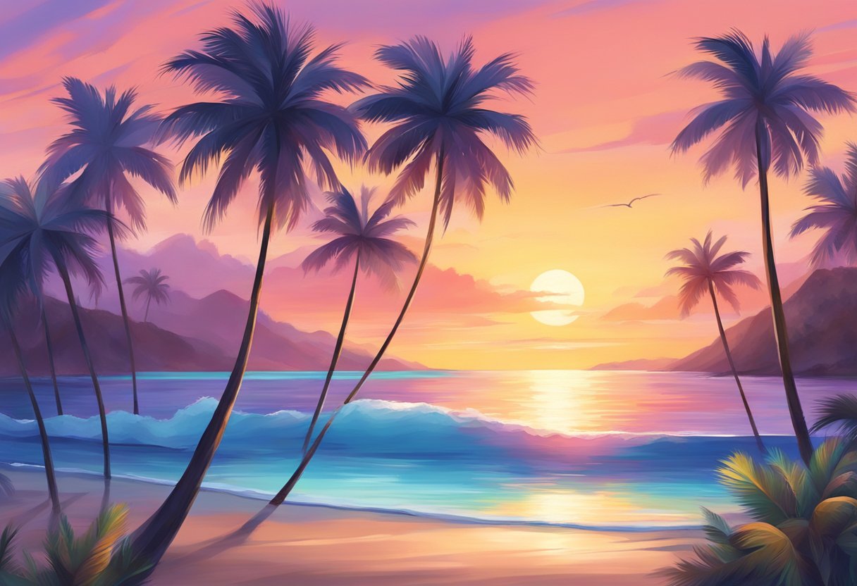 A serene beach with clear blue waters, palm trees swaying in the gentle breeze, and a colorful sunset painting the sky in vibrant hues