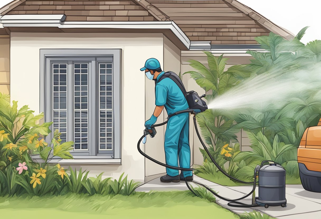 A pest control technician spraying a home's exterior for insects in Singapore