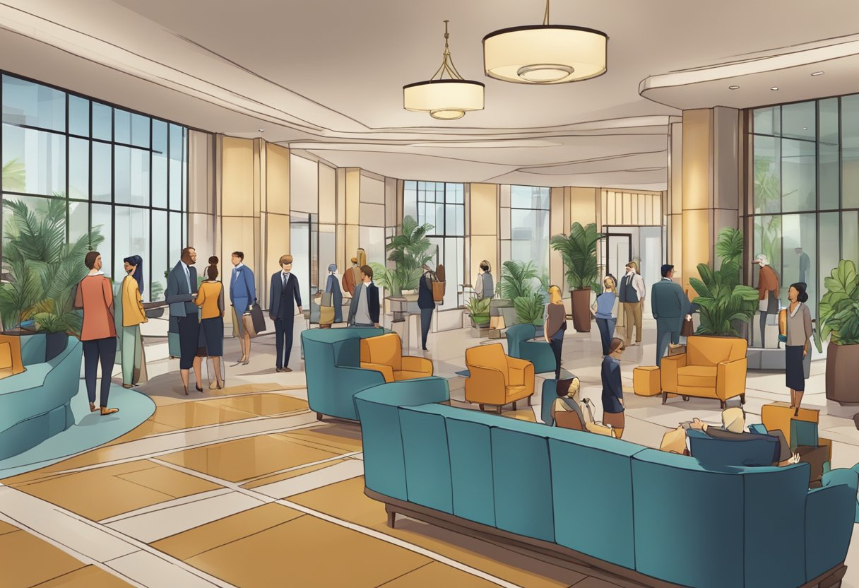 A bustling hotel lobby with a prominent "Frequently Asked Questions" sign and guests milling around