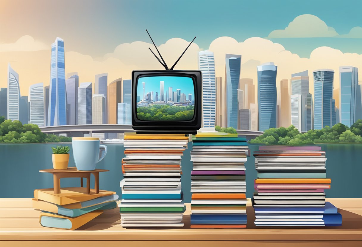 A stack of TV guides arranged neatly on a coffee table with the Singapore skyline in the background
