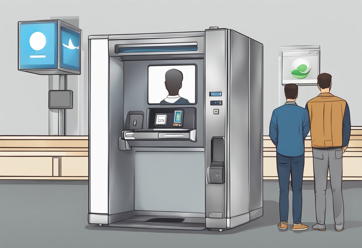 A passport photo booth with a digital screen displaying the required photo size. A person inserting coins into the machine