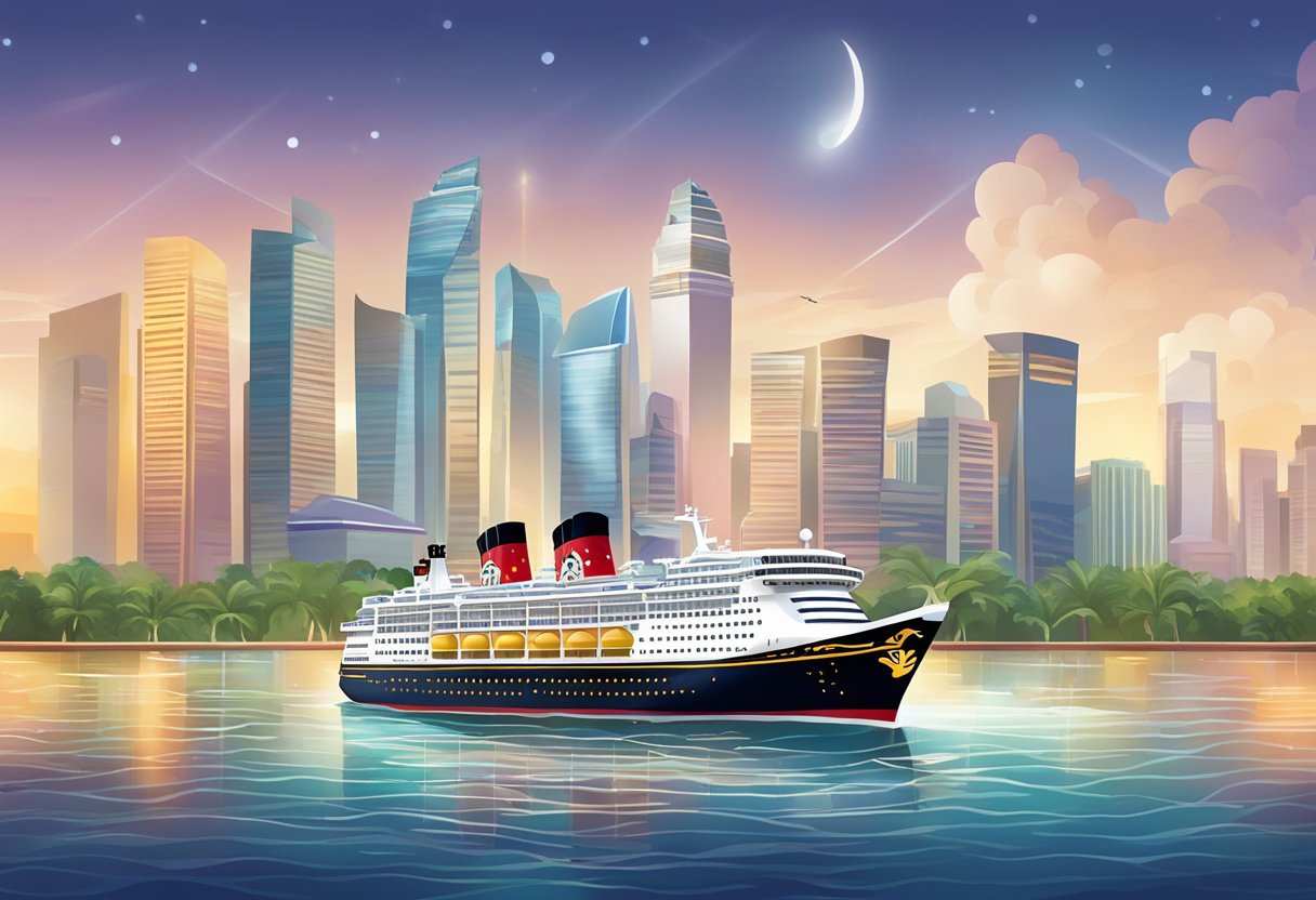 A Disney cruise ship sails through the sparkling waters of Singapore, with the iconic city skyline in the background