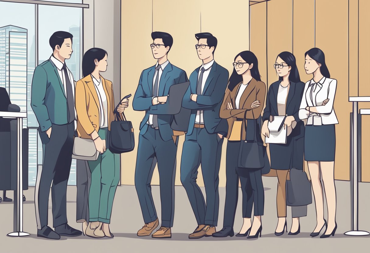 A group of people standing in line at a law firm in Singapore, with a sign reading "Frequently Asked Questions" prominently displayed
