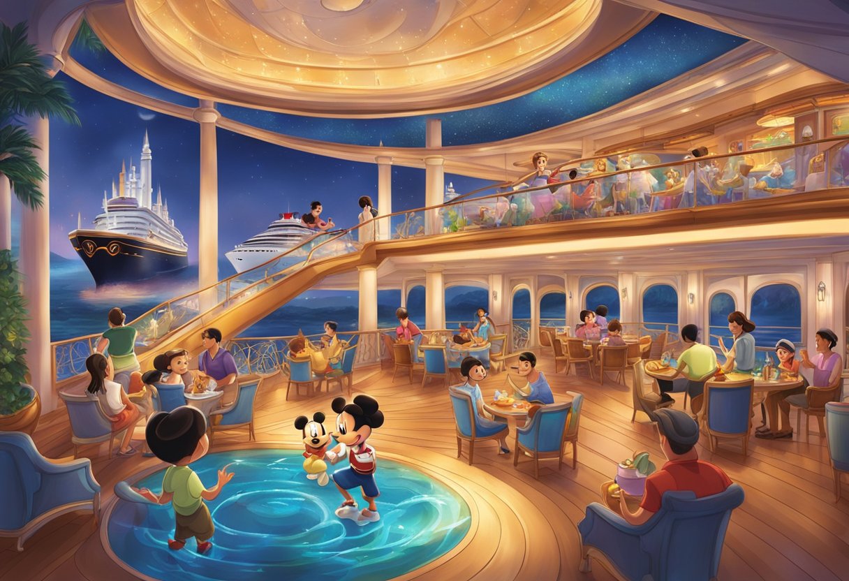 Families enjoy the enchanting ambiance of Disney cruise, with iconic characters and dazzling entertainment, as the ship glides through the sparkling waters of Singapore