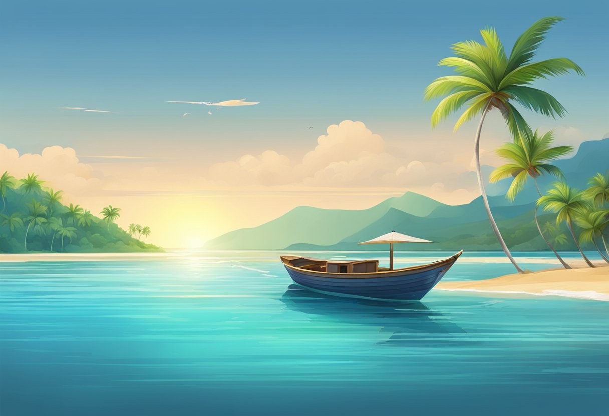 A tropical beach with clear blue waters, palm trees swaying in the breeze, and a small boat anchored near the shore