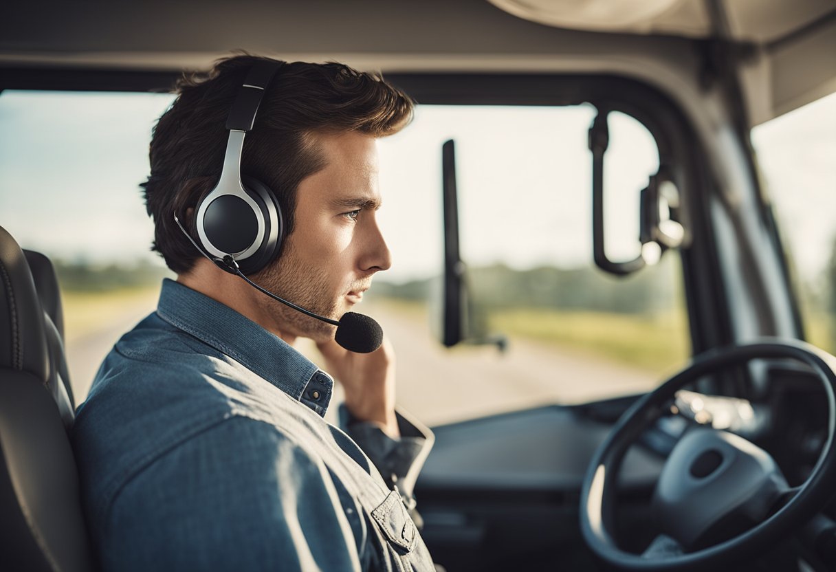 Truckers use headsets, not earbuds. Show a trucker wearing a headset while driving a big rig. Include a variety of popular headset models in the illustration